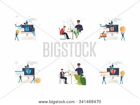 Set Of People Hacking Data. Flat Vector Illustrations Of Hackers Breaking Private Info. Hacker Attac