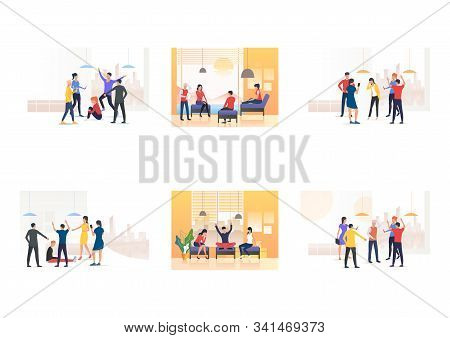 Set Of Informal Talk And Bullying. Flat Vector Illustrations Of Group Mocking Mate, Friends Sitting 