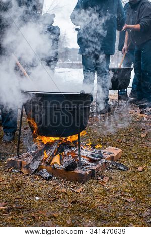 Romanian Traditional Food Prepared At The Cauldron On The Open Fire With Wood, Christmas Tradition
