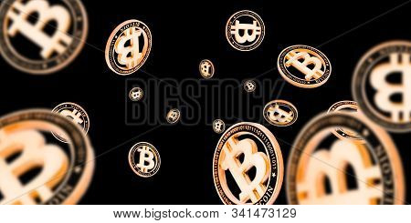 Bitcoin Mining Isolated On Black Background. Gold Falling Cryptocash. Litecoin, Ethereum Cryptocurre