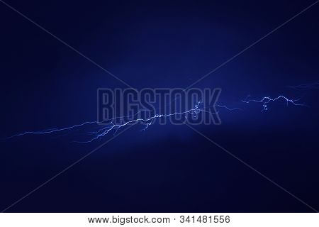 Night Sky With Lightning Thunderstorm Flash Over Sea. Rainy Weather Overlay Pattern