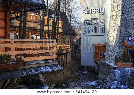 Zakopane, Poland - January 06, 2016: View Of The Old Wooden Buildings In The Historical Part Of The 