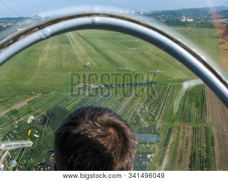 The Pilot Controls The Glider In Flight. Final Approach. The View From The Cockpit.