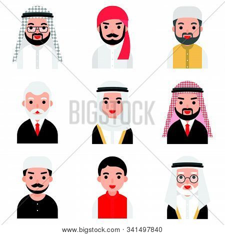 Set Of Muslim Men Vector, Muslim Avatar Flat Icon Set