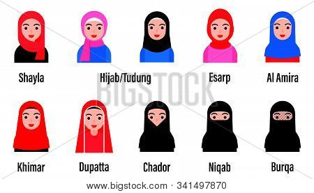 Muslim Women Avatar Vector Set With Islamic Clothing Name