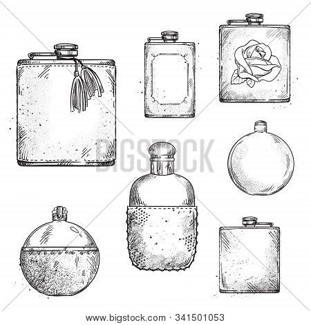Set Of Different Drinking Hip Flasks, Vector Drawing