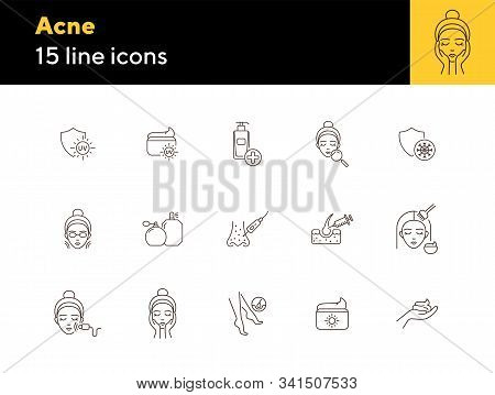 Acne Line Icon Set. Female Face, Massage, Peeling, Cream. Skin Care Concept. Can Be Used For Topics 