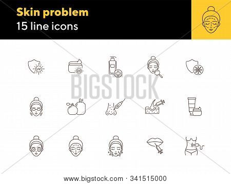 Skin Problem Line Icon Set. Woman, Face, Uv Cream, Peeling, Injection Skin Care Concept. Can Be Used