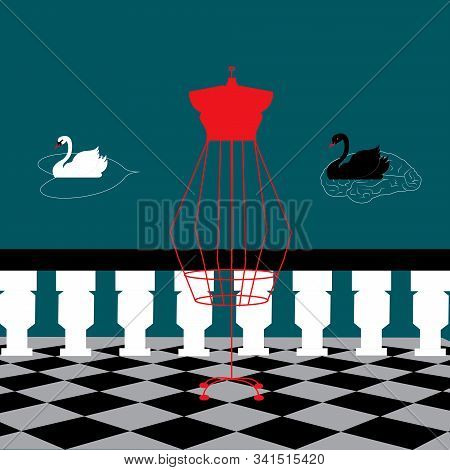 Illustration Of A Black Swan And A White Swan On The Lake Creating Waves In Form Of A Brain And A He