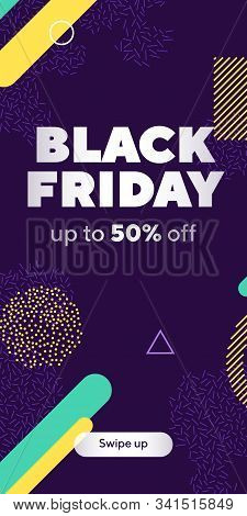 Geometric Shapes For Social Media Story. Black Friday Dynamical Forms, Sharp Lines. Deep Purple Back