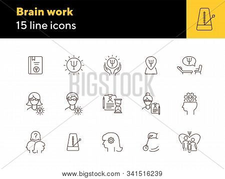 Brain Work Line Icon Set. Human Head, Gear, Psychologist Office. Psychology Concept. Can Be Used For