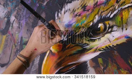 Artist Designer Draws An Eagle On The Wall. Craftsman Decorator Paints A Picture With Acrylic Oil Co