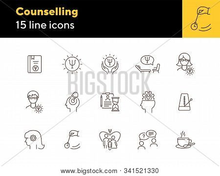 Counselling Line Icon Set. Psi Letter, Hypnosis, Cup Of Tea. Psychology Concept. Can Be Used For Top