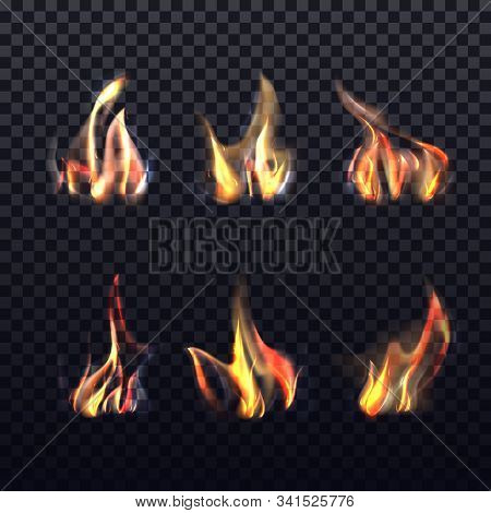 Realistic Flame On Transparent Or 3d Wood Bonfire, Hot Balefire. Set Of Isolated Paper Or Gas Fire, 