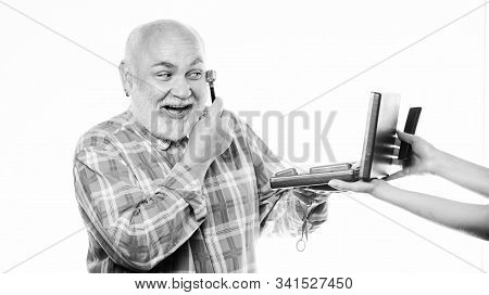 Ambitious. Unshaven Old Man Shave Moustache And Beard Hair. Shaving Kit In Case. Mature Bearded Man 