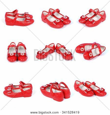 Nine Chilren Red Shoes On White Background