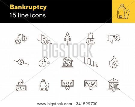 Bankruptcy Icons. Set Of Line Icons On White Background. Financial Crime, Decrease, Burning Money. E