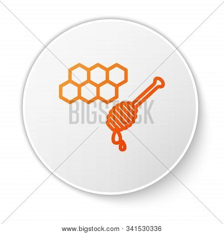 Orange Line Honeycomb With Honey Dipper Stickicon Isolated On White Background. Honey Ladle. Honey C