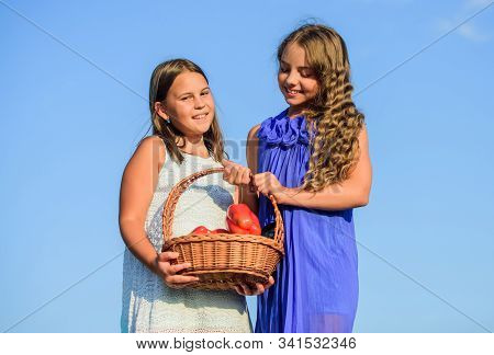 Girls Happy Smiling Child Living Healthy Life. Healthy Lifestyle. Kids Hold Vegetables Sky Backgroun