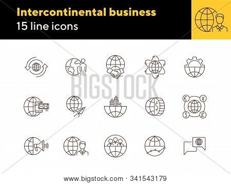 Intercontinental Business Line Icon Set. Partnership, Gear, Mobile Payment, World. Business Concept.