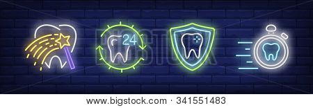 Teeth Protection Neon Sign Set. Fairy Stick, Shield, Stopwatch. Vector Illustration In Neon Style, B