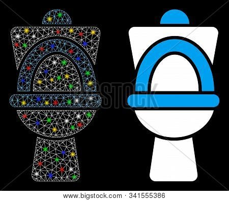 Glowing Mesh Toilet Pan Icon With Glitter Effect. Abstract Illuminated Model Of Toilet Pan. Shiny Wi