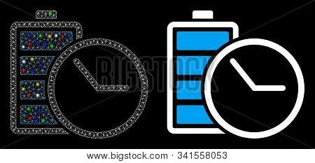 Glowing Mesh Battery Clock Icon With Sparkle Effect. Abstract Illuminated Model Of Battery Clock. Sh