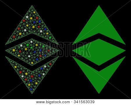 Glossy Mesh Ethereum Classic Icon With Glare Effect. Abstract Illuminated Model Of Ethereum Classic.