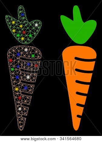 Glowing Mesh Carrot Icon With Lightspot Effect. Abstract Illuminated Model Of Carrot. Shiny Wire Car