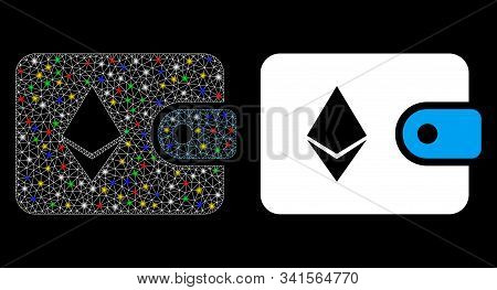 Glowing Mesh Ethereum Billfold Icon With Glow Effect. Abstract Illuminated Model Of Ethereum Billfol