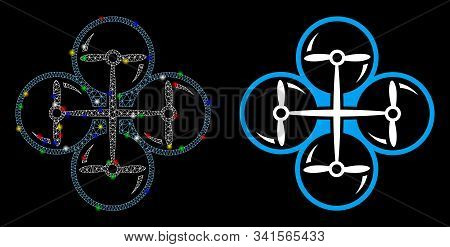 Glowing Mesh Quad Copter Icon With Lightspot Effect. Abstract Illuminated Model Of Quad Copter. Shin