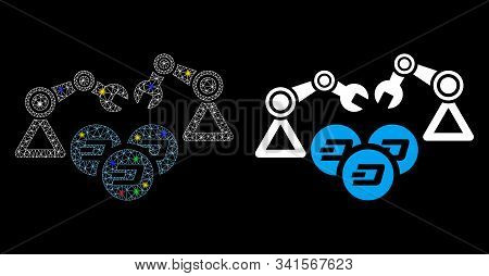 Bright Mesh Dash Mining Robotics Icon With Glare Effect. Abstract Illuminated Model Of Dash Mining R