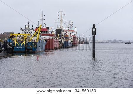 New Bedford, Massachusetts, Usa - December 10, 2019: New Bedford Waterfront Stretching Out Beyond Of