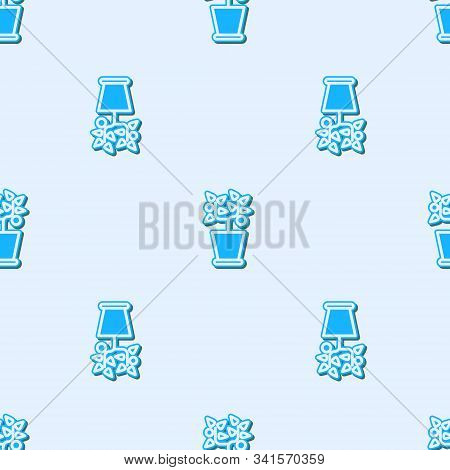 Blue Line Plant In Pot Icon Isolated Seamless Pattern On Grey Background. Plant Growing In A Pot. Po