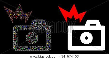 Glowing Mesh Camera Flash Icon With Glow Effect. Abstract Illuminated Model Of Camera Flash. Shiny W