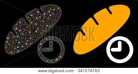 Glossy Mesh Bread Lunch Time Icon With Sparkle Effect. Abstract Illuminated Model Of Bread Lunch Tim