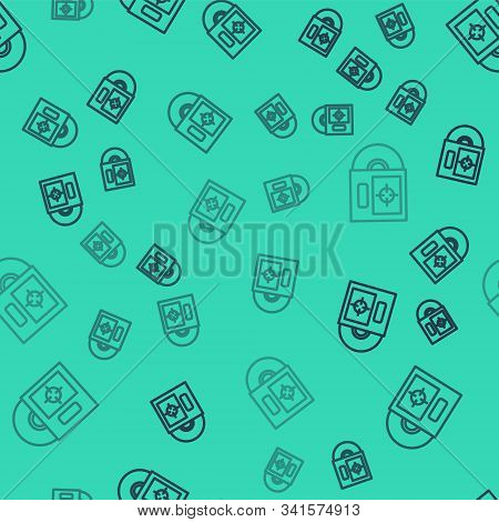 Black Line Cd Or Dvd Disk In Box Icon Isolated Seamless Pattern On Green Background. Compact Disc Si