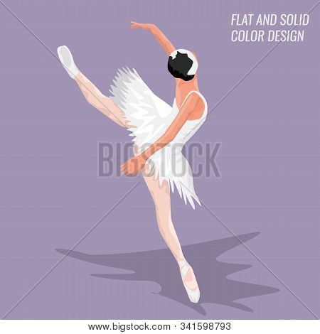 Little Ballerina In White Standing On Toes Dancing. Cartoon Style Vector Illustration.