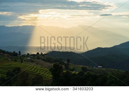 Sunlight Ray Shining On Beautiful Rice Terraces During Sunset In Pa Bong Piang Village In Chiangmai,