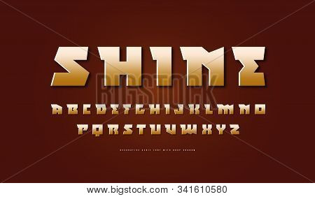 Stock Vector Golden Colored Serif Font. Futuristic Style Typeset. Letters For Sci-fi, Cinema, Space 