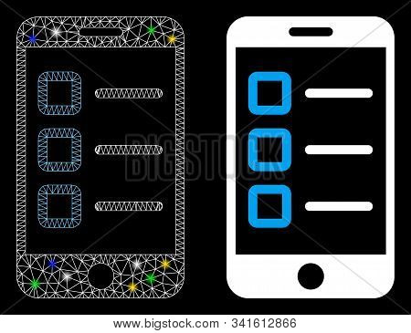 Glossy Mesh Mobile Test Icon With Glare Effect. Abstract Illuminated Model Of Mobile Test. Shiny Wir