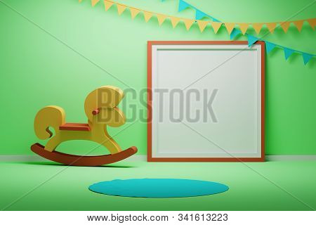 Mockup For Kids Children, Green Room Interior With Picture Frame, Wooden Horse And Carpet. 3d Illust