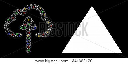 Glowing Mesh Cloud Upload Icon With Lightspot Effect. Abstract Illuminated Model Of Cloud Upload. Sh