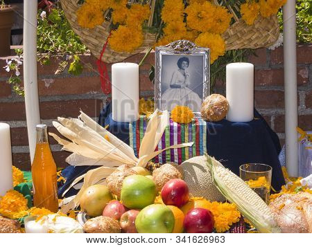 Los Angeles, July 5, 2008:  Altar With Photo Of The Dead Person At Olvera Street In Lod Angeles, Usa