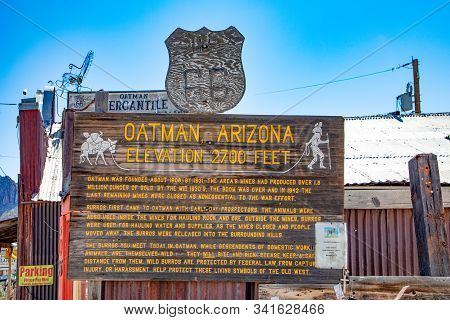 Oatman, Usa - Mar 7, 2019: Entrance Sign Of Oatman, The Historic Small Town At Route 66.