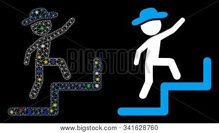 Glossy Mesh Gentleman Steps Upstairs Icon With Glow Effect. Abstract Illuminated Model Of Gentleman 