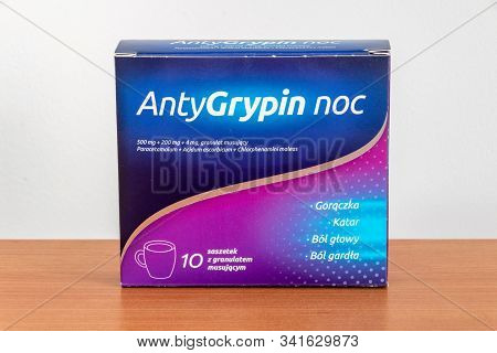 Pruszcz Gdanski, Poland - November 16, 2019: Antygrypin Noc Is Medical Used To Flu Or Fever.