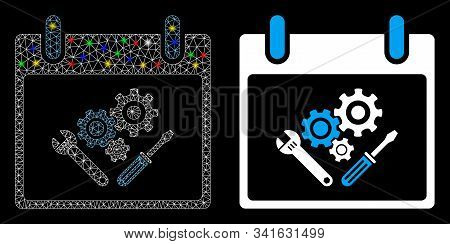 Glowing Mesh Instrument Tools Calendar Day Icon With Glow Effect. Abstract Illuminated Model Of Inst