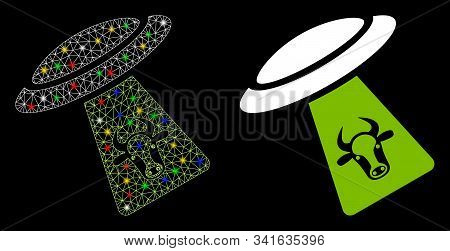 Glowing Mesh Cattle Ufo Abduction Icon With Glare Effect. Abstract Illuminated Model Of Cattle Ufo A