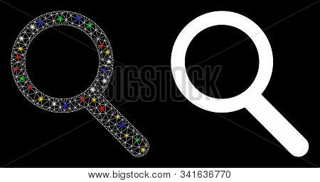 Glowing Mesh Zoom Icon With Glare Effect. Abstract Illuminated Model Of Zoom. Shiny Wire Frame Trian